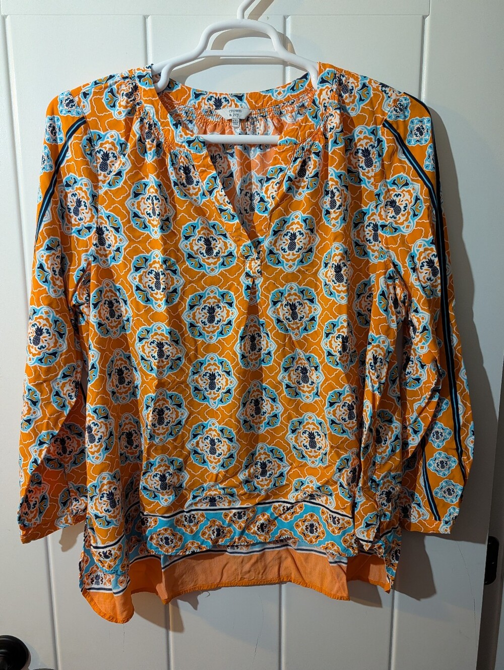 Crown & Ivy Women’s Orange & Blue Printed Blouse